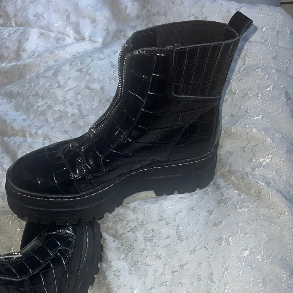 Marc Fisher Glossy Black Croc-Embossed Boots